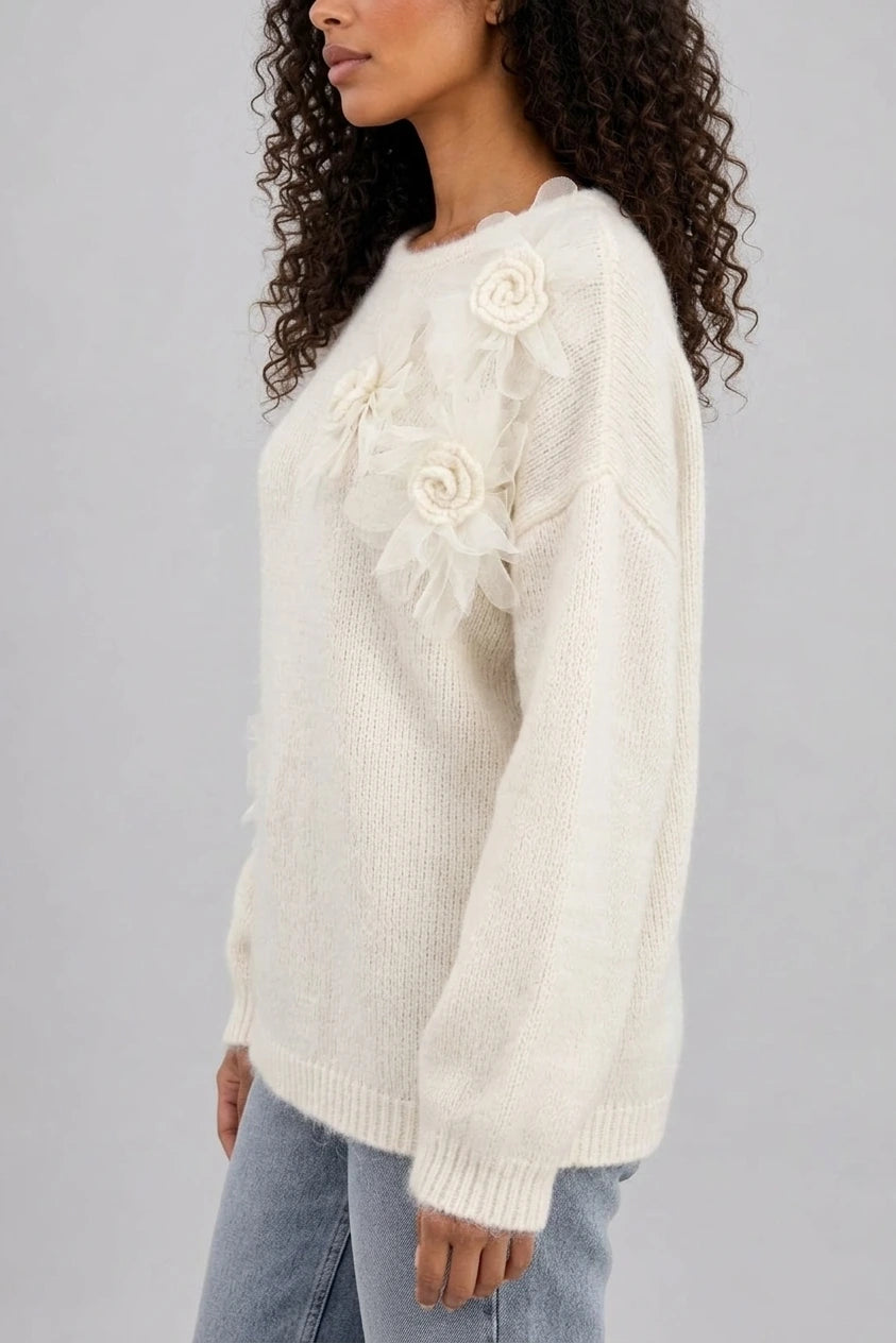 Women’s Floral Knit Jumper – Crew Neck Long Sleeve Sweater with 3D Flower Detail — variant_front