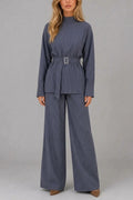 Women's Pinstripe Two-Piece Set – High Neck Top & Wide-Leg Trousers