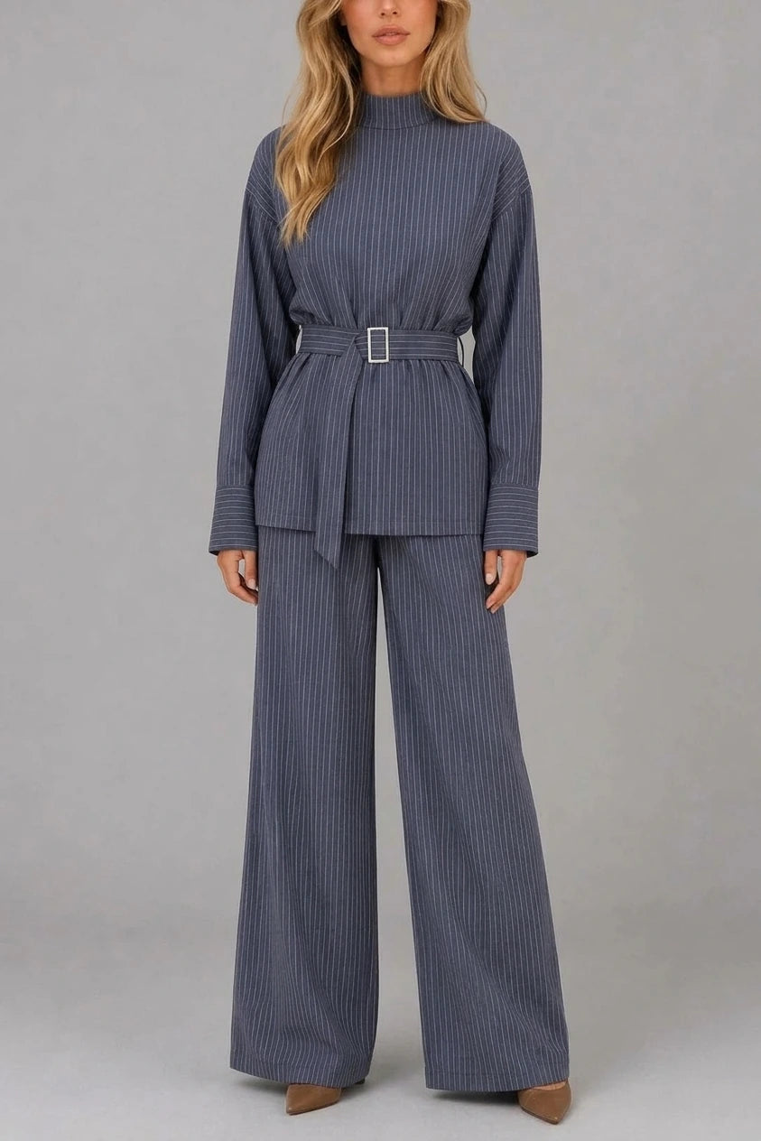 Women’s Pinstripe Two-Piece Set – High Neck Top & Wide Leg Trousers — variant_front