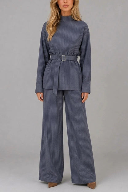 Women’s Pinstripe Two-Piece Set – High Neck Top & Wide Leg Trousers — variant_front