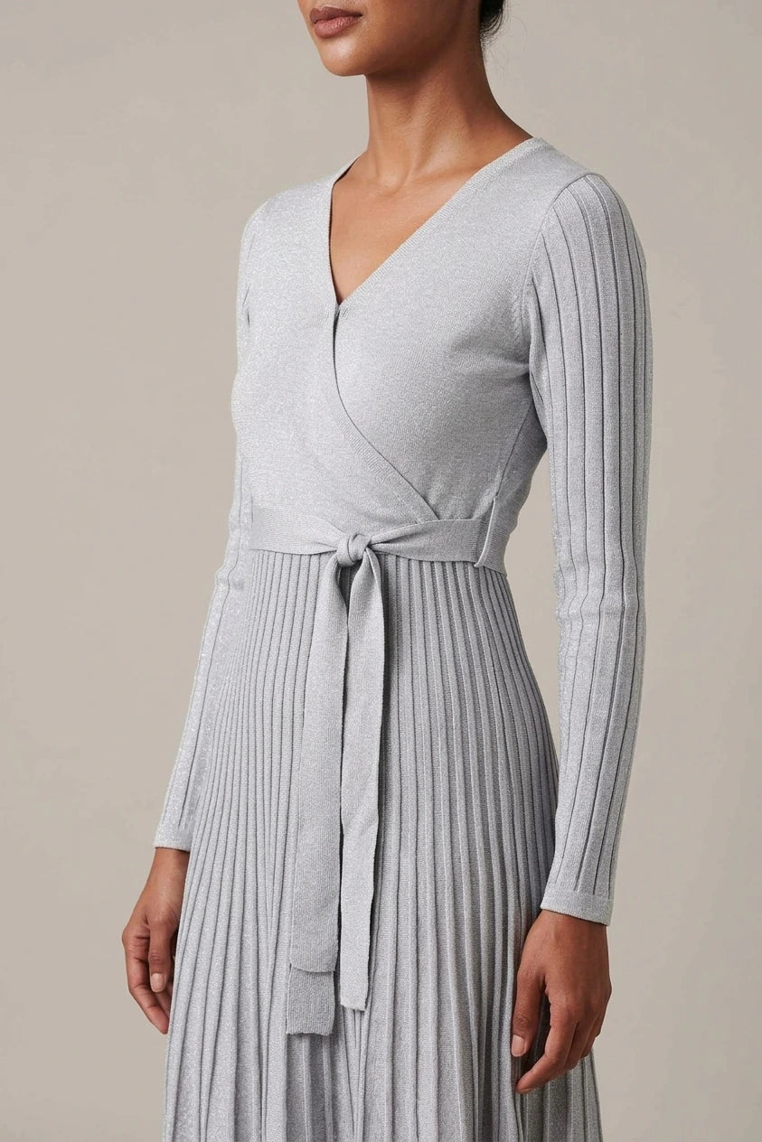 Pleated Tie Waist Knit Midi Dress — variant_front