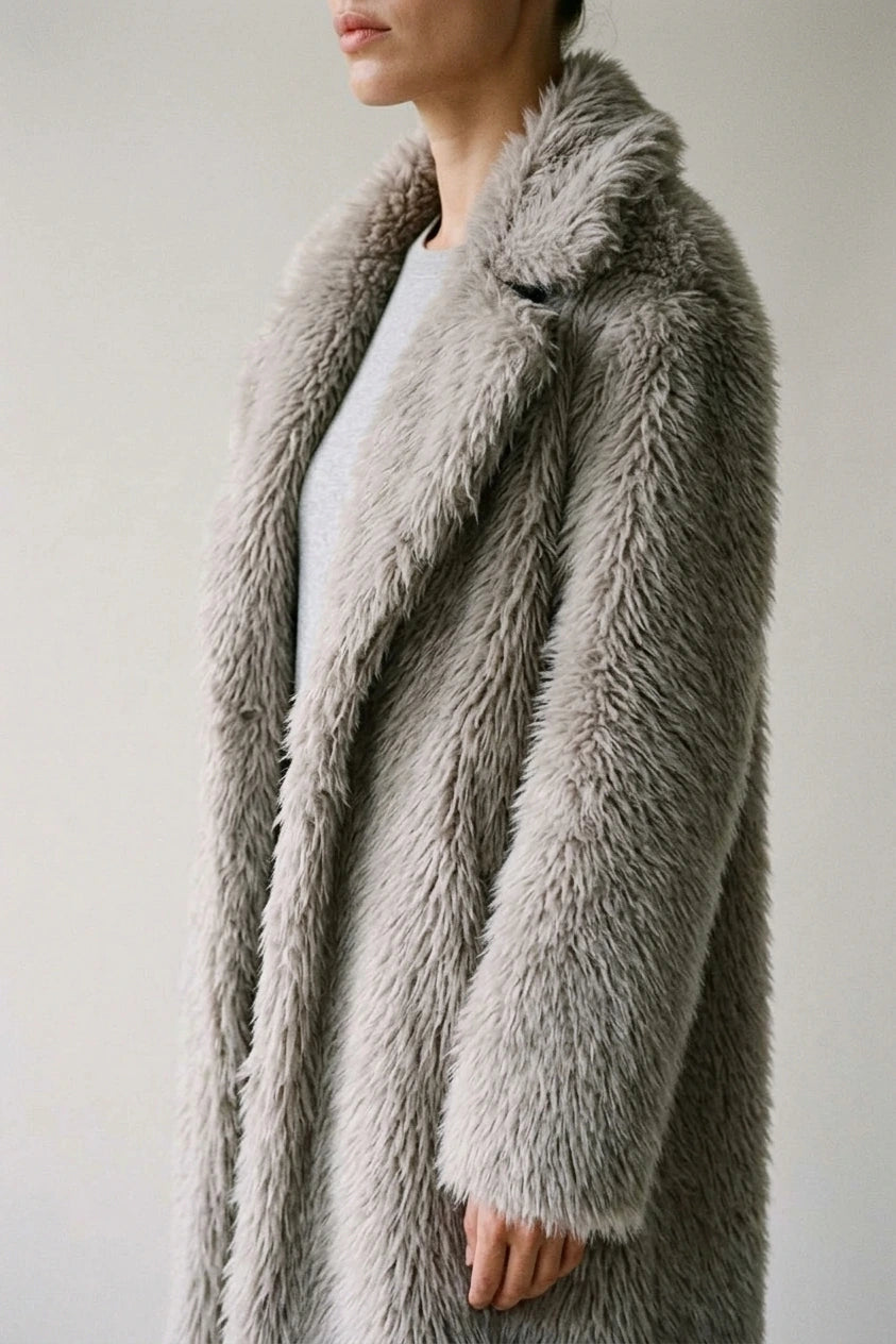 Women's Long Teddy Coat with Open Front — variant_front