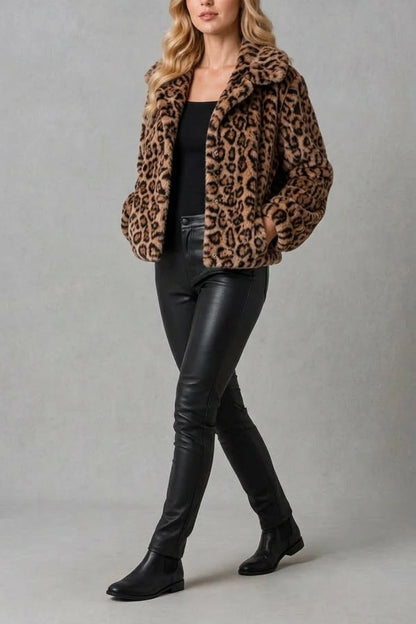 Women’s Leopard Print Fur Cropped Jacket – Soft Teddy Winter Coat — variant_front