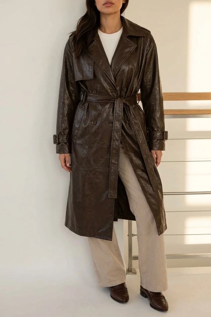 Women’s Leather Look Trench Coat – Long Double Breasted Belted Jacket — variant_front