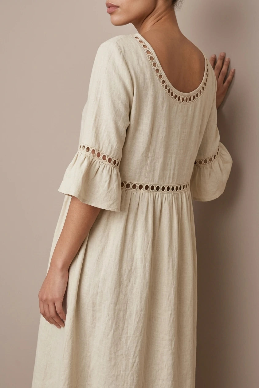 Relaxed Linen Summer Midi Dress with Hollow Out Detail and Flared Sleeves — variant_front