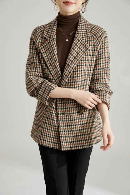 Women's Houndstooth Double-Breasted Blazer Hip-Length — variant_front