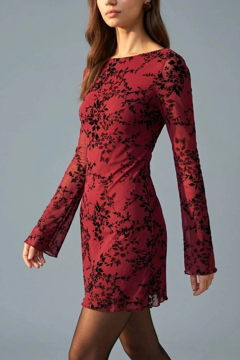 Floral Mesh Mini Dress Long Sleeve Boat Neck Fitted Silhouette