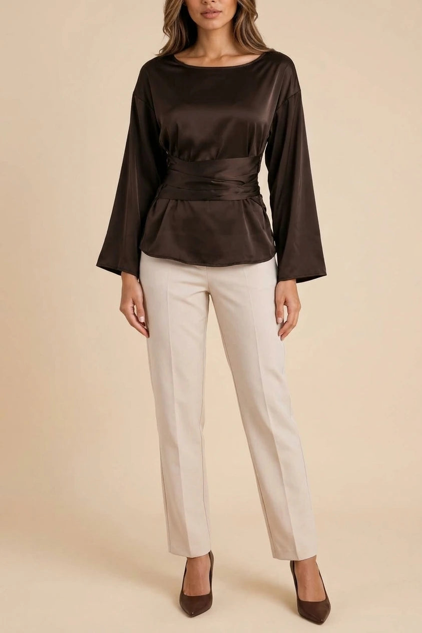 Women’s Satin Look Tie Waist Blouse – Long Sleeve Draped Evening Top — variant_front
