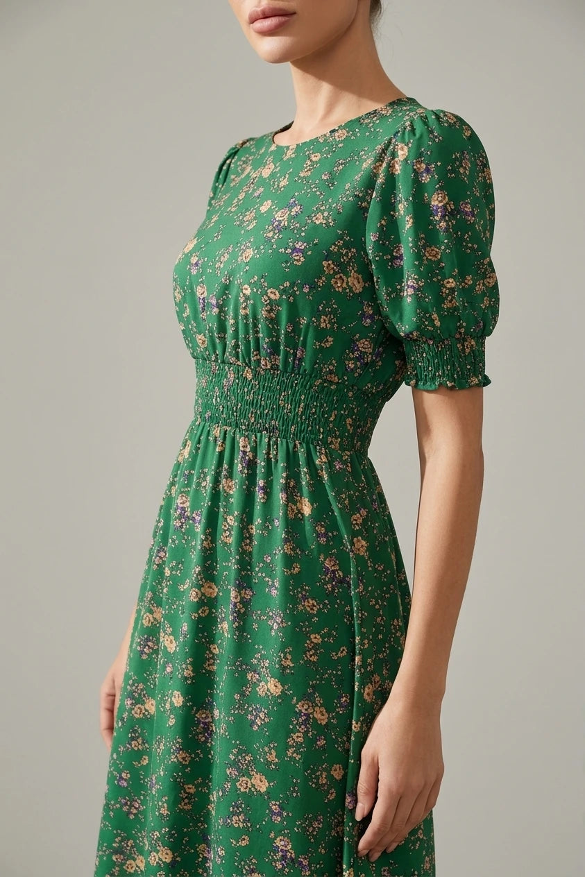 Floral Puff Sleeves Smocked Waist A-Line Midi Dress — variant_front
