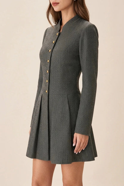 Grey Button Pleated Mini Dress Long Sleeve Fitted Waist Mandarin Collar