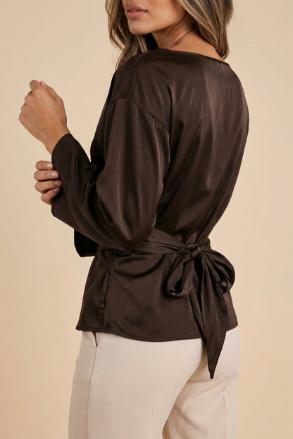 Women’s Satin Look Tie Waist Blouse – Long Sleeve Draped Evening Top — variant_front
