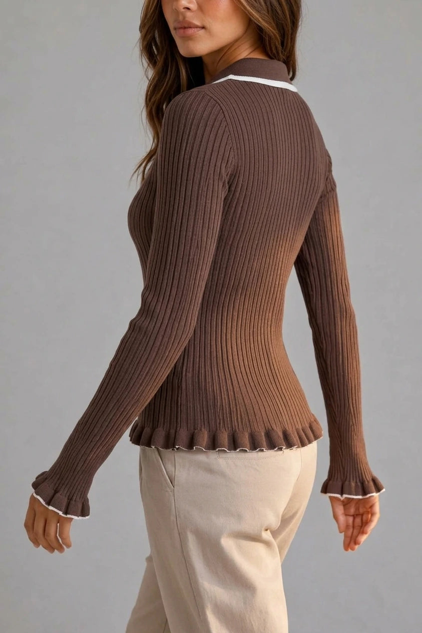 Women’s Ribbed Knit Polo Jumper – Long Sleeve Fitted Top — variant_front
