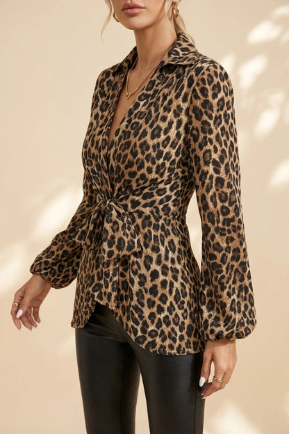 Leopard Print Wrap Blouse with Tie Waist Office to Evening Long Sleeves Top — variant_front