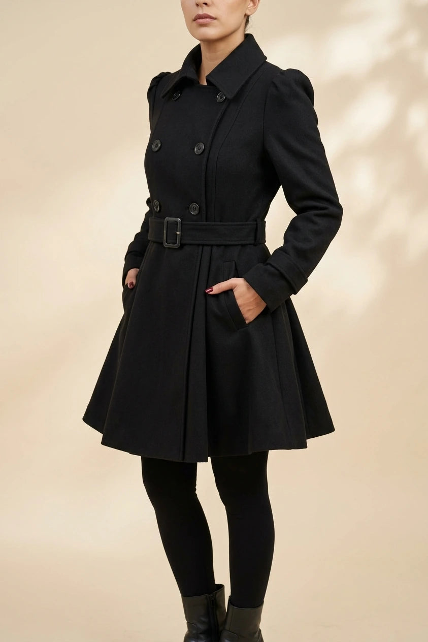 Women's Double-Breasted Belted Coat with Flared Skirt — variant_front