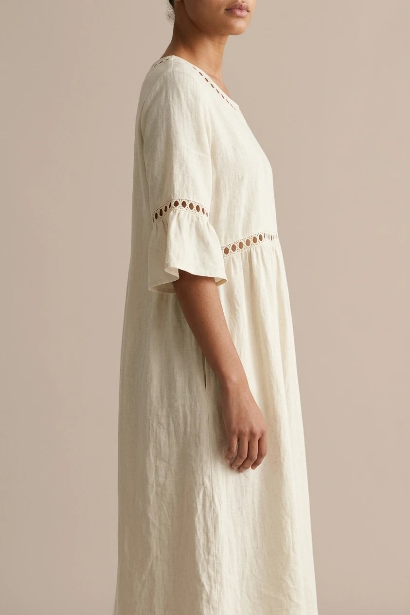 Relaxed Linen Summer Midi Dress with Hollow Out Detail and Flared Sleeves — variant_front