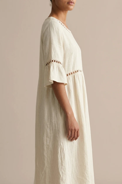 Relaxed Linen Summer Midi Dress with Hollow Out Detail and Flared Sleeves — variant_front