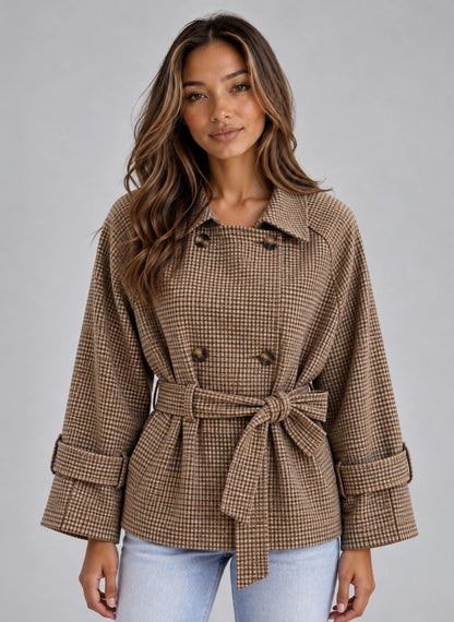Women’s Short Trench Coat – Double Breasted Belted Jacket with Check Pattern — gallery_01.webp