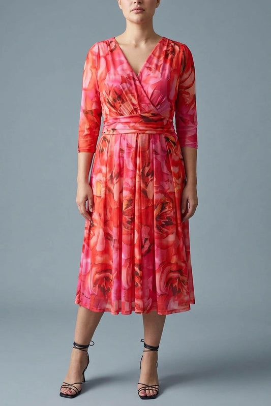 Floral Mesh Ruched Midi Faux Wrap Dress — variant_front