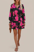 Ruffled V-Neck Tiered Dress, Printed Long-Sleeve, Fitted Waist