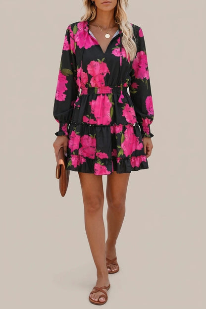 Ruffled Printed V-Neck Fitted Long Sleeve Tiered Dress — variant_front