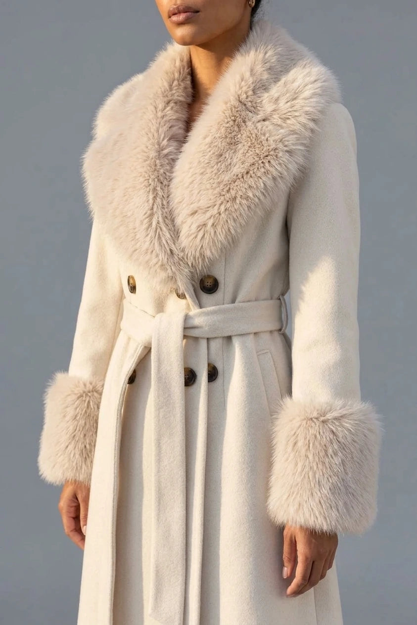 Women’s Faux Fur Collar Coat – Belted Double Breasted Long Winter Coat — variant_front