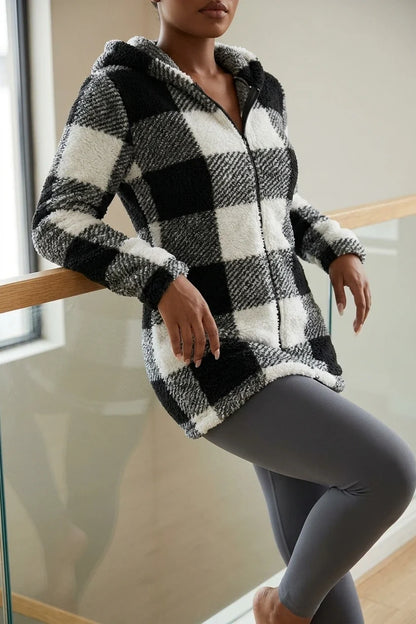 Women's Autumn/Winter Two-Tone Black/White Coffee Gray/White Plaid Long Sleeve Zip-Up Warm Hooded Jacket — variant_front