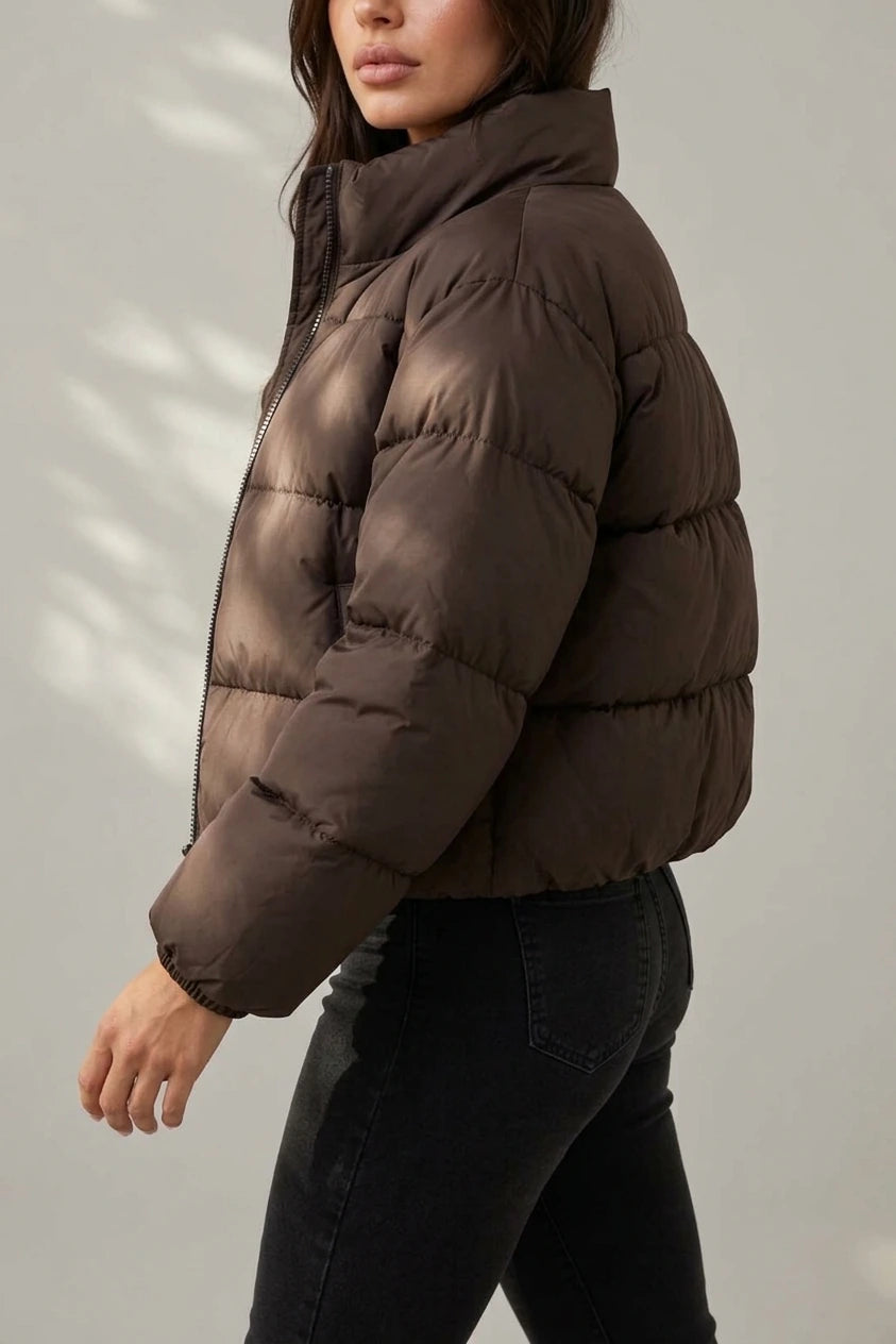 Women’s Cropped Puffer Jacket – High Neck Full Zip Padded Coat — variant_front