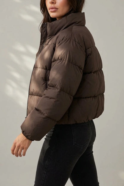 Women’s Cropped Puffer Jacket – High Neck Full Zip Padded Coat — variant_front