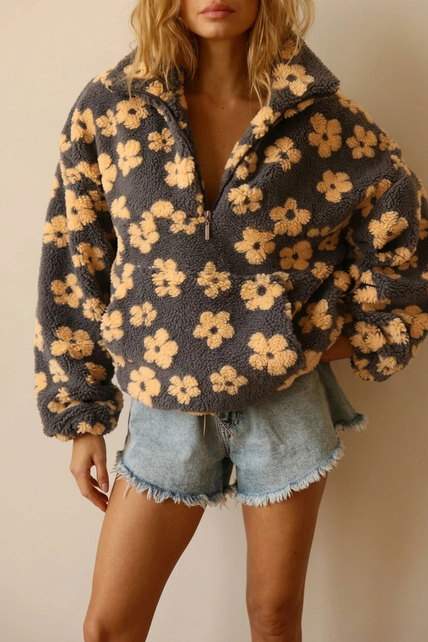 Oversized Floral Teddy Fleece Jacket with Half Zip — variant_front