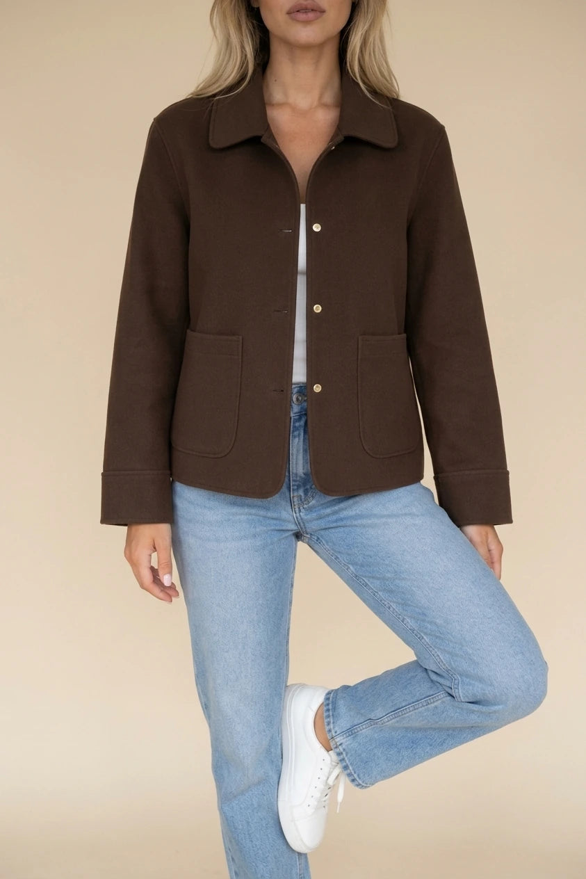 Women’s Collared Overshirt Jacket – Button Up Style with Patch Pockets — variant_front