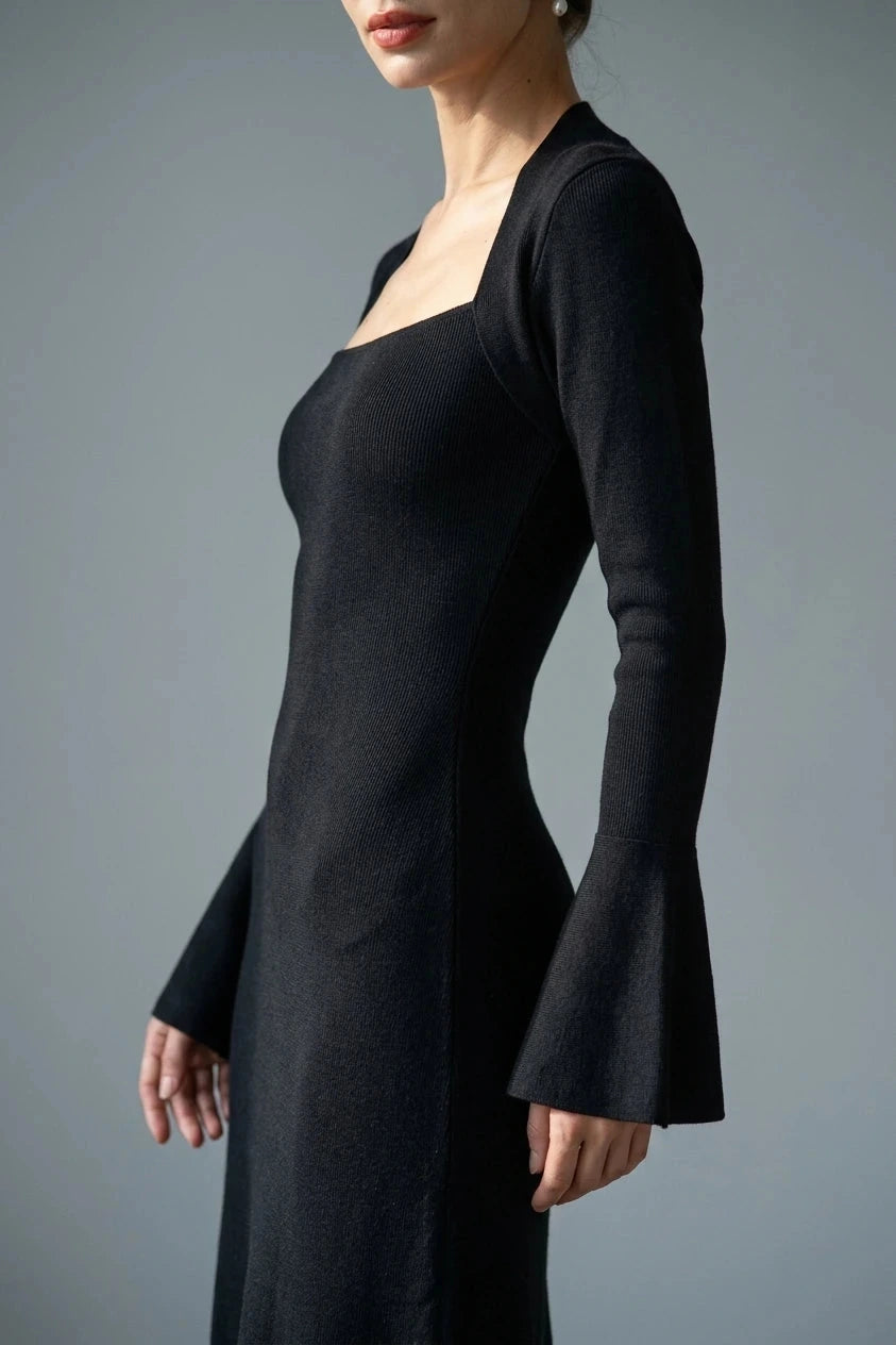 Square Neck Flare Sleeve Midi Dress With Fitted Bodice