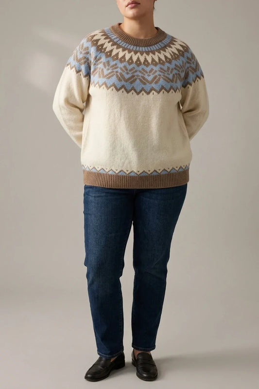 [Plus Size Vintage Sweater] Plus Size Vintage Jacquard Sweater | Loose Casual Long-Sleeve Women's Fair Isle Pullover | Ethnic Color-Block Knitwear, Trendy Crew Neck Jumper — variant_front