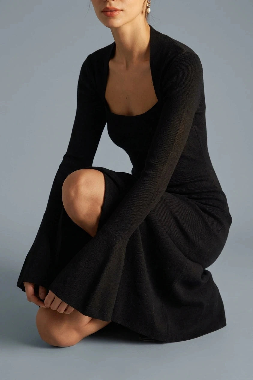 Square Neck Flare Sleeve Midi Dress With Fitted Bodice