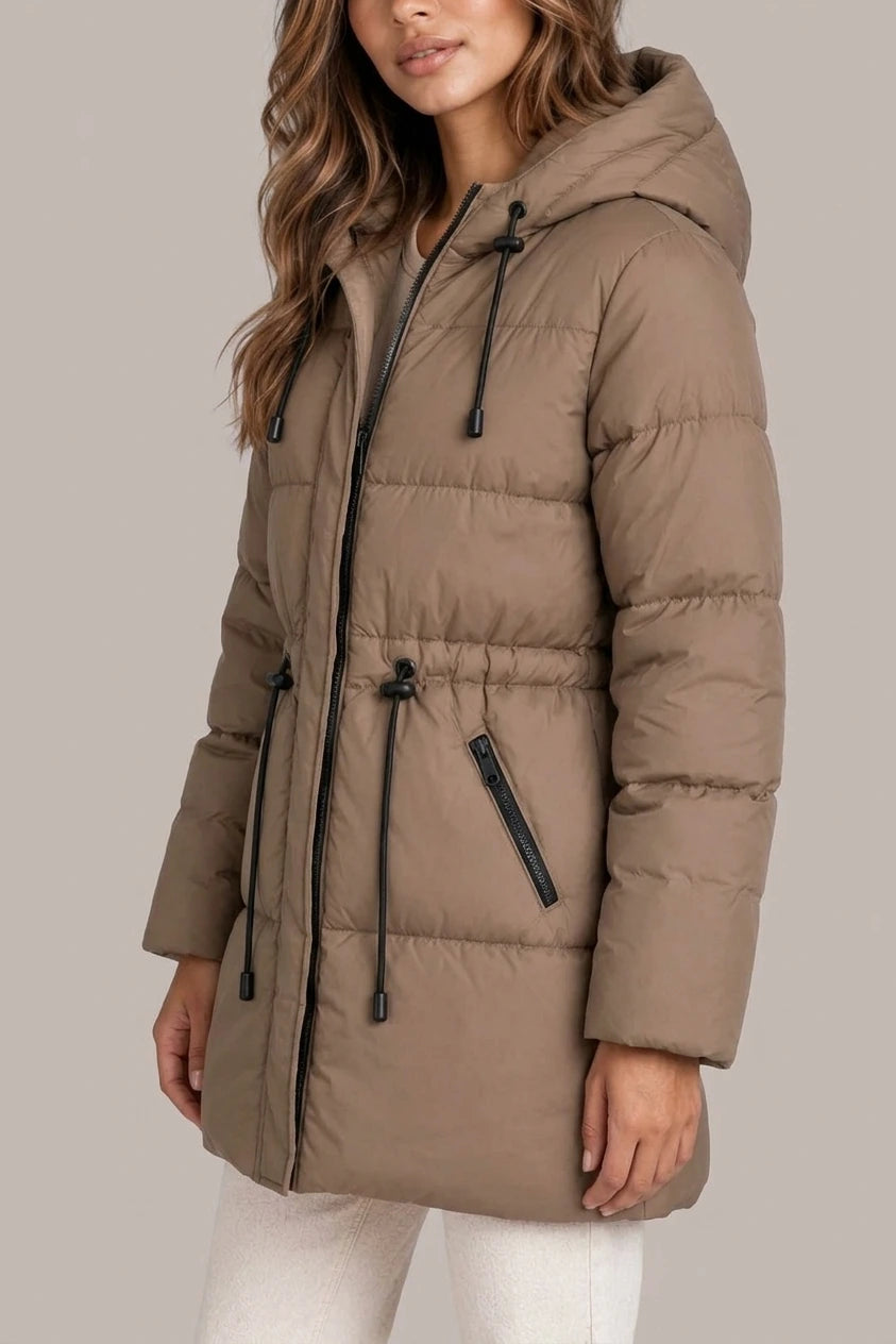 Women’s Hooded Puffer Jacket – Drawstring Waist Quilted Winter Coat — variant_front