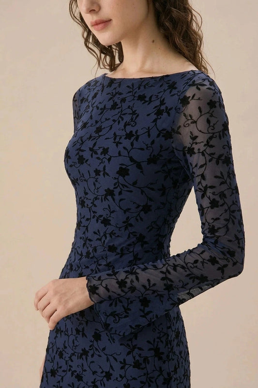 Blue See-Through Long Sleeve Mini Dress With Boat Neck And Flocked Floral Mesh