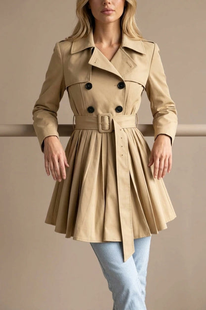 Women’s Pleated Skirt Trench Coat – Double Breasted Belted Jacket — variant_front