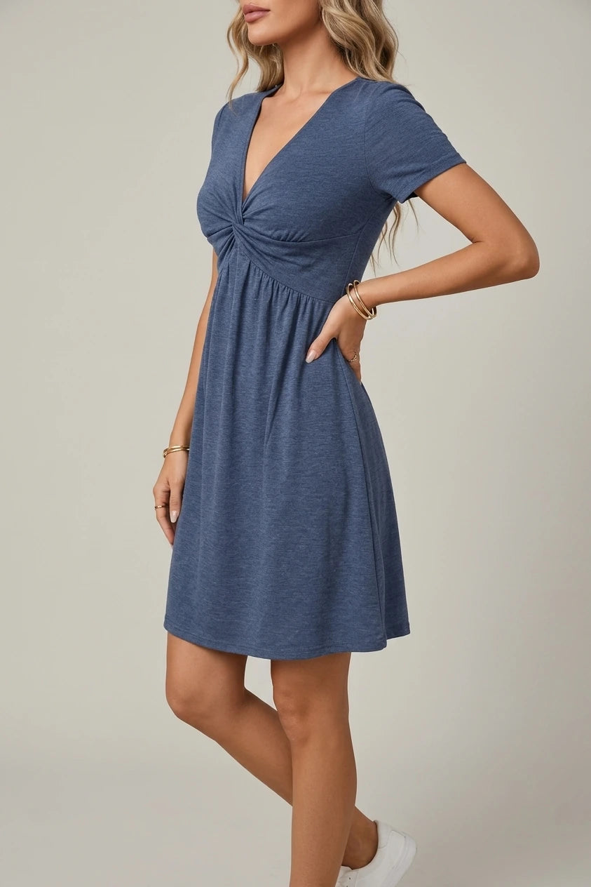 V Neck Short Sleeves Ruched Casual Mini Dress — variant_front