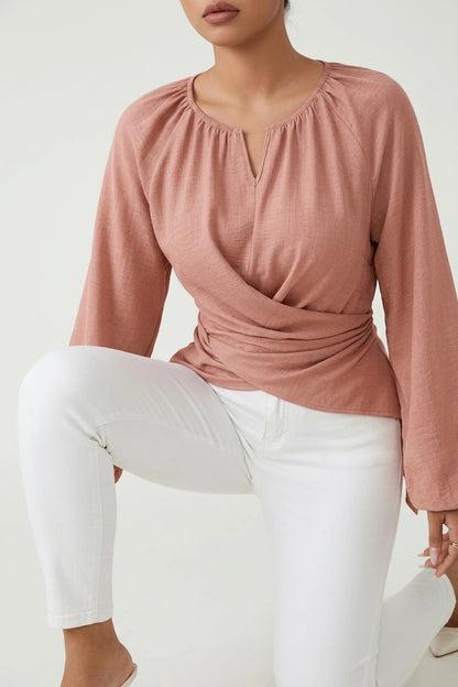 Round Neck Long Sleeves Criss Cross Lace-Up Blouse — variant_front