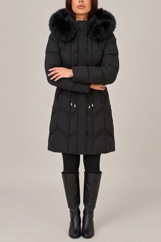 Women’s Faux Fur Hooded Puffer Coat – Quilted Drawstring Winter Parka Jacket — variant_front