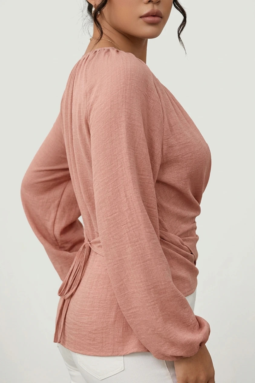 Round Neck Long Sleeves Criss Cross Lace-Up Blouse — variant_front
