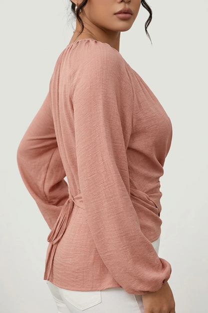 Round Neck Long Sleeves Criss Cross Lace-Up Blouse — variant_front