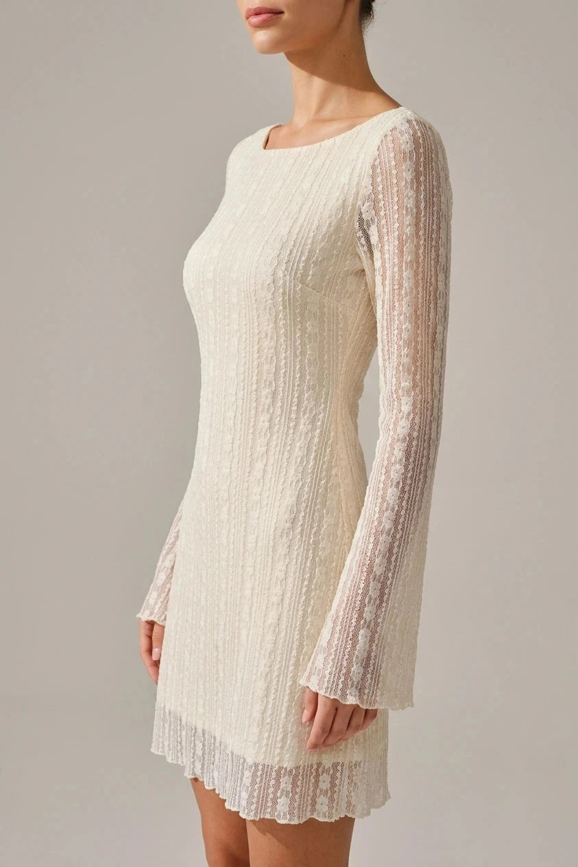 Lace Bell Sleeve Mini Dress With Sheer Sleeves And Boat Neck