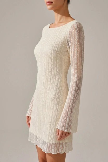 Lace Bell Sleeve Mini Dress With Sheer Sleeves And Boat Neck
