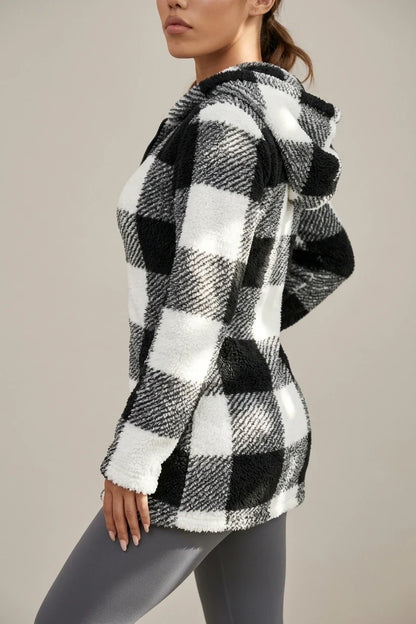 Women's Autumn/Winter Two-Tone Black/White Coffee Gray/White Plaid Long Sleeve Zip-Up Warm Hooded Jacket — variant_front