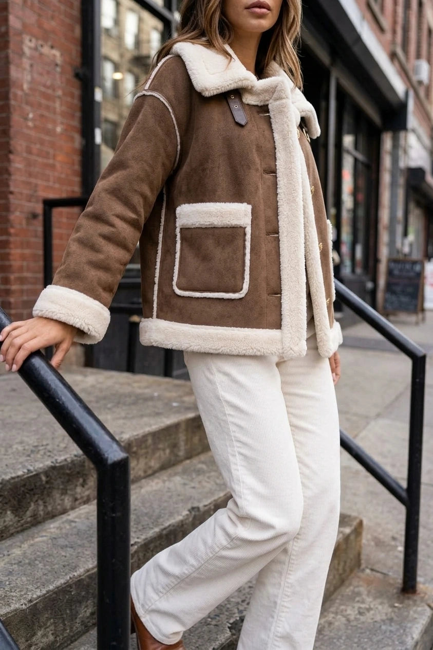 Women’s Faux Shearling Suede Look Jacket – Aviator Style Coat — variant_front