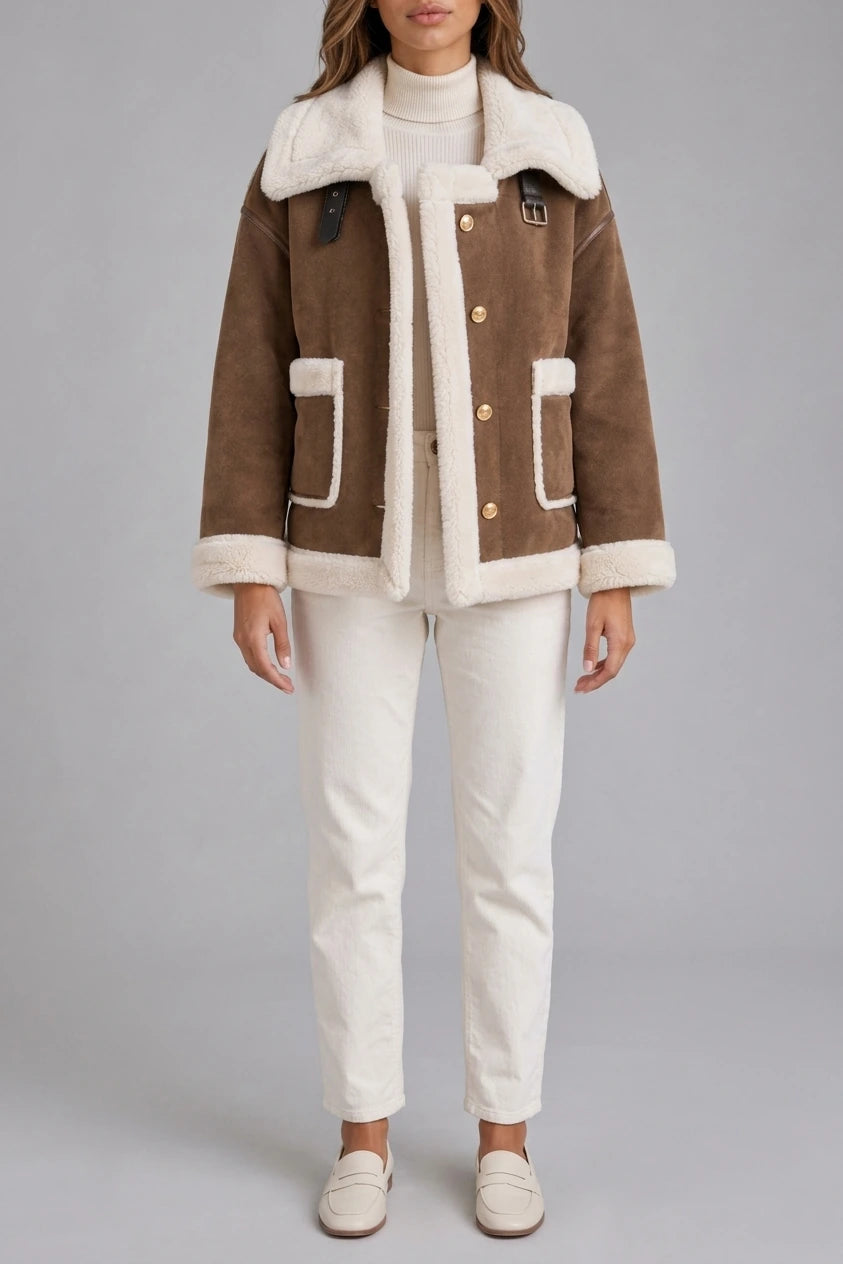 Women’s Faux Shearling Suede Look Jacket – Aviator Style Coat — variant_front