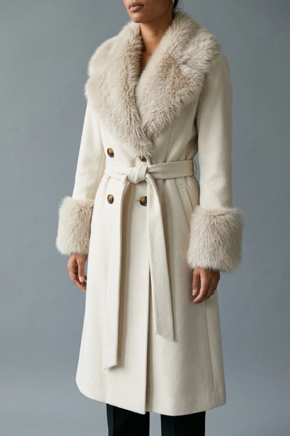 Women’s Faux Fur Collar Coat – Belted Double Breasted Long Winter Coat — variant_front