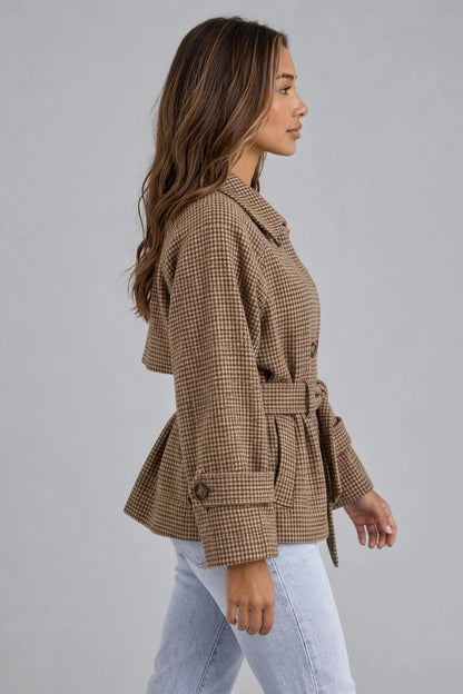 Women’s Short Trench Coat – Double Breasted Belted Jacket with Check Pattern — variant_front