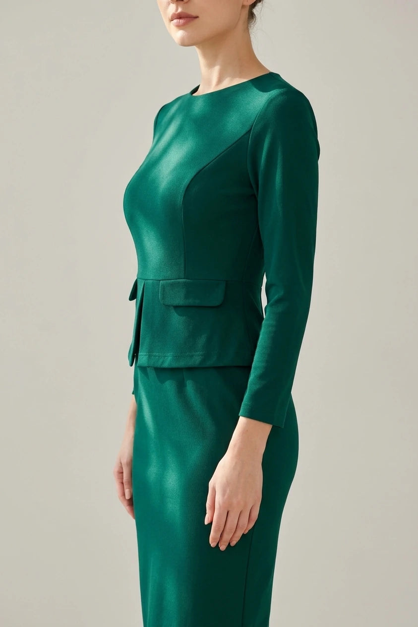 Bodycon Pencil Round Neck Bracelet Sleeve Peplum Office Sheath Dress — variant_front