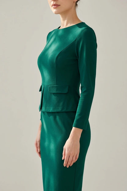 Bodycon Pencil Round Neck Bracelet Sleeve Peplum Office Sheath Dress — variant_front